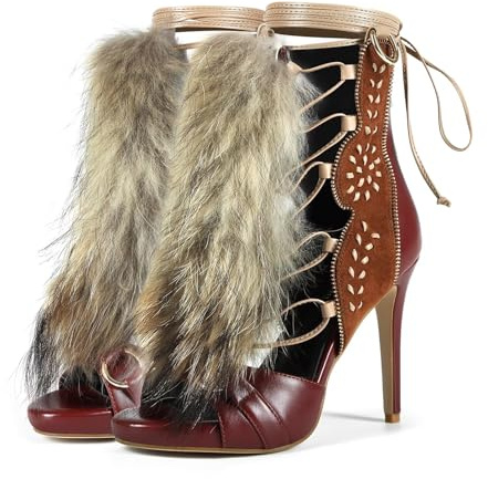 Frankie Hsu Handmade Stiletto Ankle High Heeled Sandal Bootie, Brown Suede Furry Fuzzy Fur Fluffy Plush Gold Girl Shoes For Women