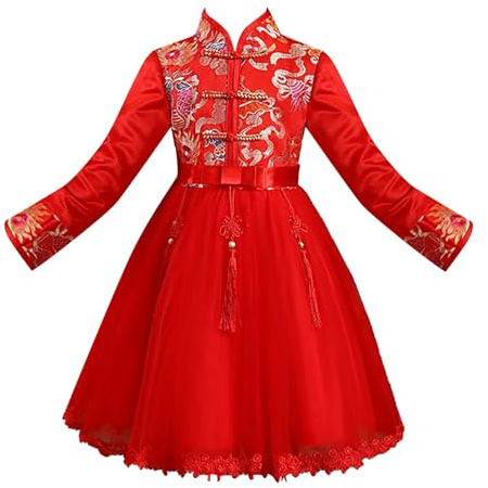 Robe traditionnelle chinoise du Nouvel An pour filles - Broderie florale - Nœud chinois - Robe en tulle élégante et classique - Manches longues - Col montant - Robe trapèze, Rouge, 7-8 ans