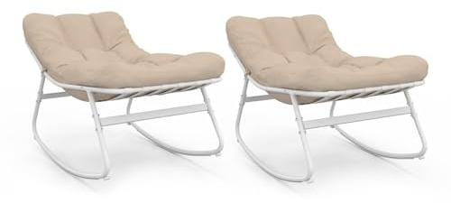 IDMarket - Juego de 2 sillones de jardín mecedora Arona, color blanco, cojines beige