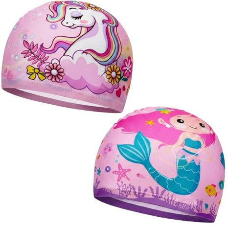 2pcs Swimming Cap, Fabric Swimming Caps, Set with Mermaid and Unicorn Designs, Swim Hat for Pool Activities, Swim Cap for Comfortable Wear