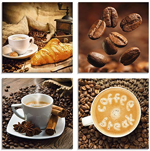 ARTland Wanddeko Glasbilder Wandbild Glas Bild Set 4 teilig je 20x20 cm Quadratisch Kaffee Cafe Coffee Kaffeetasse Croissant Kaffeebohnen Frühstück S6BS