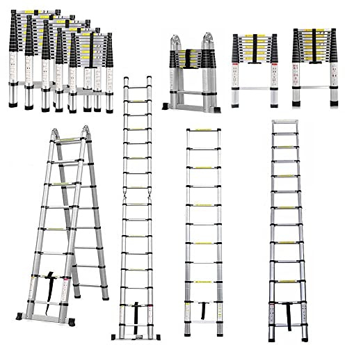 échelle Télescopique en Metal, échelle télescopique Extensible, Escabeau Telescopique échelle Pliable Loft Ladder,Certifié EN131, Résistance à 150kg, 3,8M