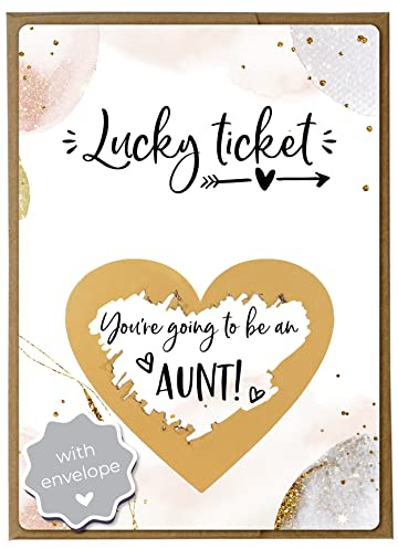 Joli Coon Pregnancy Announcement Scratch Card, Aunt Reveal, with envelope | 350gsm designer paper, tactile UV finish, natural envelope with gold heart, scratch panel