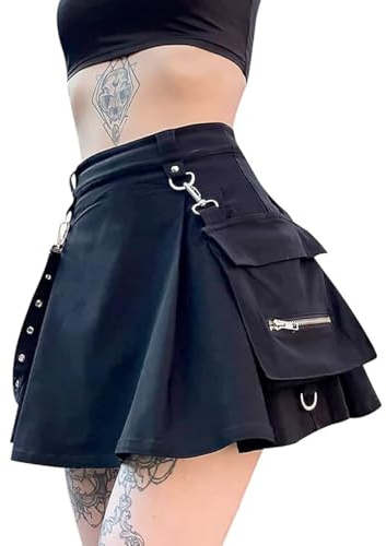IDEALSANXUN Cargo Skirts for Women High Waisted Pastel Goth Alternative Skater Skirt, Cargo Black, XL