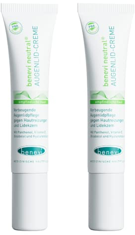 benevi Augenlid-Creme 2 x 15ml für trockene, empfindliche Augenlider. Kein Fettfilm. Auch als tägliche Augenlidpflege bei zu Lidekzemen, Neurodermitis oder Rosacea neigender Haut.