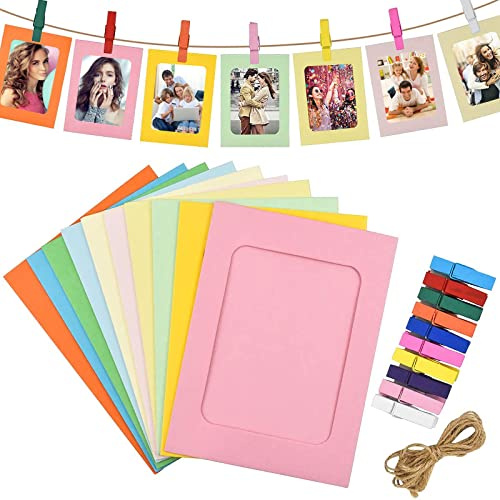 DMZK 30 Pezzi Cornice di Carta per Foto,Portafoto da Parete Multiplo,Cornici Foto Multiple da Parete in Carta Colorata da Appendere con Mollette di Legno e Spago per Decorazione Domestica