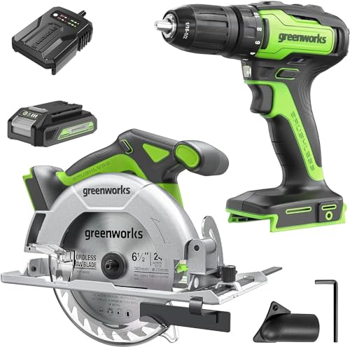 Greenworks 24V Akku-Kreissäge, 165 mm Sägeblatt, Akku Bohrschrauber 35 Nm, Bürstenloser Motor, inklusive 2Ah Batterien und Ladegerät