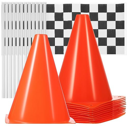 ibasenice Racing Traffic Cones - 24pcs Plastic Traffic Cones and Racing Checkered Flags Racing Theme Party Decorations