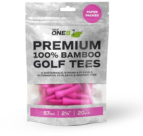 Golf One8 Pink Golf Tees , 2 1/4 Inch - 57mm ,20 Tees , Premium 100% Bambo Pink Golf Tees , 100% Bamboo , 100% Sustainable , 100% Biodegradable
