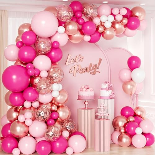 Kit Arco Palloncini Rosa Oro, 135 Pz Kit Palloncini Compleanno Rosa Bianchi Oro, Ghirlanda Palloncini Rosa Scuro Per Decorazioni Compleanno Matrimonio Comunione Battesimo Bambino Baby Shower