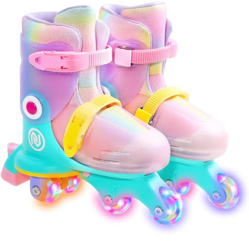 JajaHoho Roller Skates for Kids, Adjustable Convertible 2-in-1 Skates, Age 3-7,Junior Size 7-12, Light up Wheels Tri-Wheels to Inline Skates, for Boys Girls Toddler (Macaron, XS, US 7J-11J)