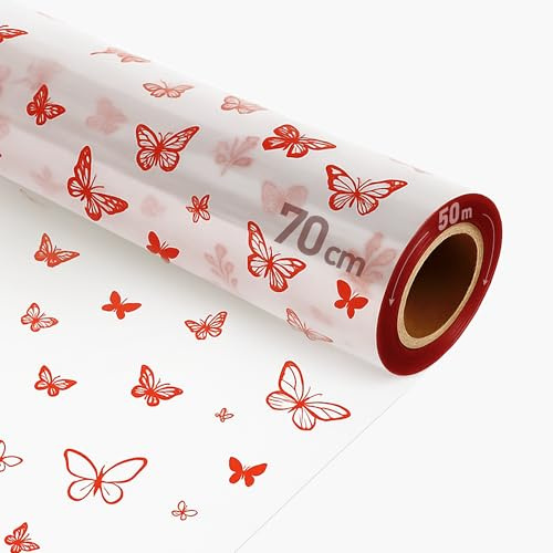 Rollo de Papel Celofán Transparente con Estampados de Mariposas Rojas 70 x 50m para Envolver Regalos, Cestas y Decoración de Flores, Polipropileno Transparente con Mariposas (Rojo)