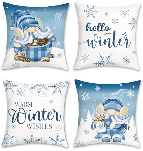 Bonhause 4er Set Kissenbezüge Winter Blau 45 x 45 cm GNOME Schneeflocken Kiefern Kakao Dekorative Kissenhülle Zierkissenbezüge für Sofa Schlafzimmer Zuhause Winter Dekoration