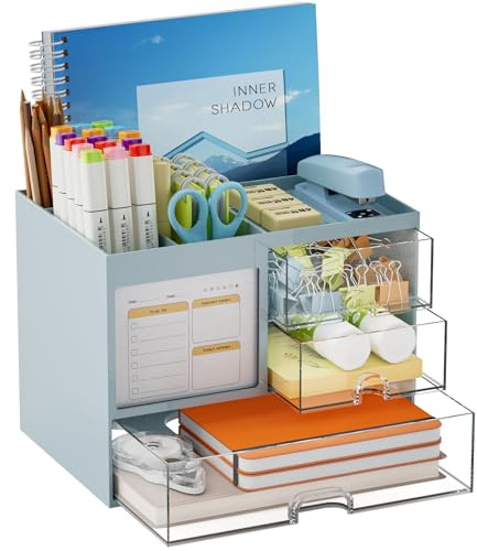 Marbrasse Organizador Escritorio con 3 Cajones,Portalapices Gran Capacidad,Organizador Oficina con 4 Compartimentos y Accesorios,Almacenaje Escritorio para Oficina,Casa y Escuela (Azul)