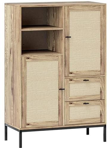 HOMCOM Kommode, Aufbewahrungsschrank mit Rattan-Türen, Mehrzweckschrank mit Schubladen und verstellbaren Regalen, Metallrahmen, für Wohnzimmer, Schlafzimmer, Esszimmer, 80 x 40 x 120 cm, Naturholz