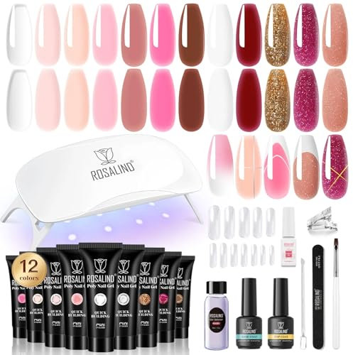 ROSALIND Uñas Poligel Kit Completo, 12pcs 10ml Gel Extensión de Uñas con UV Lámpara, Base&Top Coat, Nail Art Kit Uñas de Gel Completo para Bricolaje en Casa & Profesionales Salón