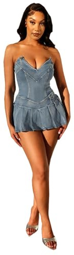SUIUOI Kort jeansklänning för kvinnor, bodycon minijeans, bandeau-jeans, avslappnad sommarklänning, cocktail- och festklänning, blå, L