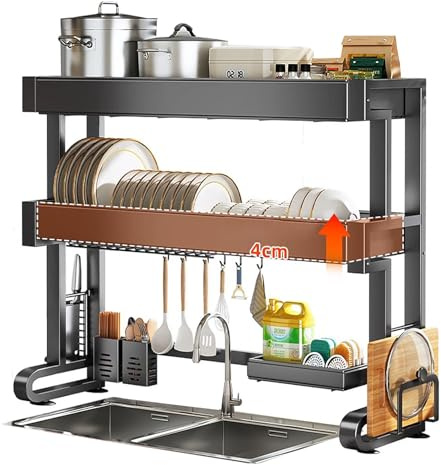 Escurreplatos sobre el Fregadero, espaciado Ajustable de 4 cm, escurreplatos Grande de 3 Niveles para encimera de Cocina con múltiples cestas, Soporte para Esponja y Utensilios, 8