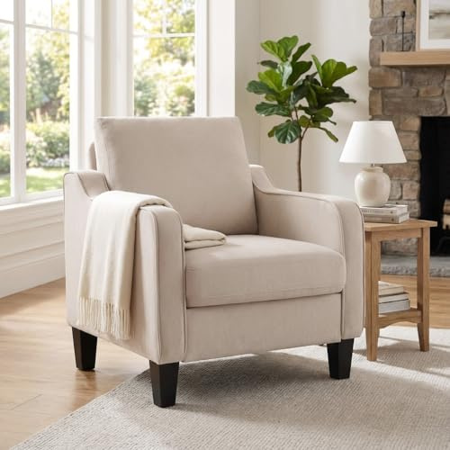 XH.Easy Go Sillón de Acento Estilo Mid Century Moderno, Cojín Grueso de Tela de Lino, Silla Sofá Individual Cómoda para Salón, Dormitorio, Apartamento, Oficina (Espacios Pequeños)，Beige