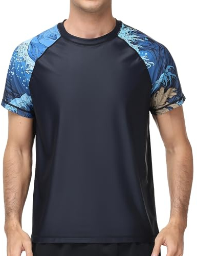 UPSOWER Men's Swim Shirts UPF 50+ Rash Guard Short Sleeve UV Protection, Black Waves, 5XL