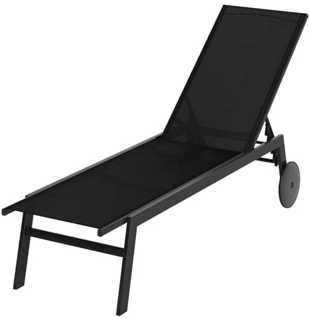 GIANTEX Solstol med hjul, väderbeständig trädgårdsfåtölj med 6-vägs justerbart ryggstöd, utomhus liggstol för trädgård och poolområde, upp till 150 kg (svart, 1 liggan)