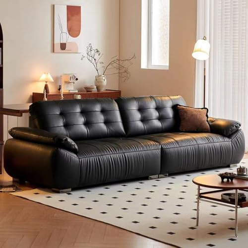 Medeltida italiensk minimalistisk stil svart lädersoffa, rymlig och mjuk soffa med massiv träram, modern stor storlek, lämplig för vardagsrum/kontor/lägenhet.