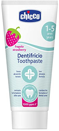 Chicco Dentifricio Bambini alla Fragola Delicato sui Dentini, Bassa Abrasività, con Fluoro e Xilitolo, Senza Conservanti, Contrasta la Formazione delle Carie e Rimuove la Placca - 50 ml, 1+ Anni