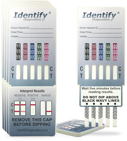 Identify Diagnostics Drug Test Cards | 100 Pack | 5 Panel Dip CLIA Waived Instant Urine Marijuana Drug Test Dip Kit for AMP,COC,MET,MOP|OPI,THC