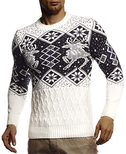 Leif Nelson Herren Strickpullover Norwegerpullover Pullover mit Rundkragen Winterpullover Männer Pulli für Weihnachten Winter Norweger Muster Slim Fit Crew Neck LN20761 M Ecru