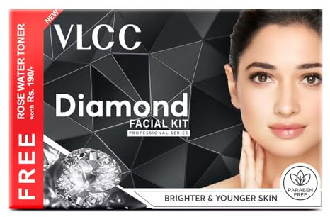 VLCC Diamond Facial Kit med gratis rosvatten toner – 300 g + 100 ml | Hudrenande ansikte med kolloidal diamant, jojobaolja, olivolja och aloe vera Avgiftande hemma ansikte