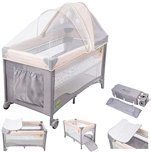 Moby-System Huxley 2-in-1 Reisebett & Laufstall Set mit Wickelauflage, 2 Matratzen, Moskitonetz, Transporttasche - für 0-36 Monate, 128x68x75cm, grau/rosa