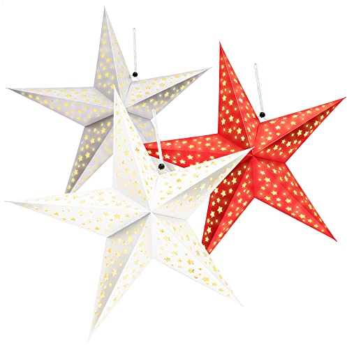 COM-FOUR® 3X Leuchtstern in 3D mit LEDs - Weihnachtsstern mit LED Beleuchtung und Timer - Premium Papierstern zum Aufhängen
