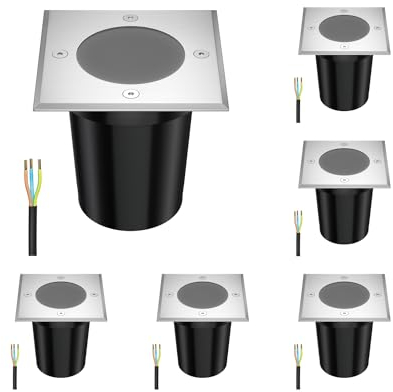 ledscom.de 6 pcs. recessed Floor Light RELI for Outdoors, IP67, Stainless Steel, Angular, 11 x 11cm, 1x GU10 max. 15W, Frosted