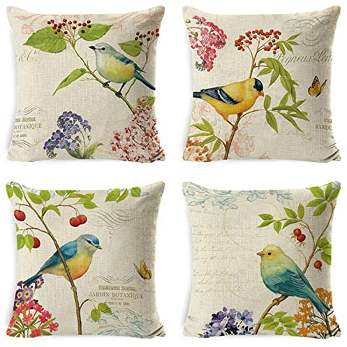 scalingscal 4er Set Kissenbezüge 45 x 45 cm Blumen Vögel Leinen Dekorative Kissenhülle Quadratische Zierkissenbezüge Dekokissen Abdeckung für Sofa Auto Schlafzimmer Wohnzimmer Zuhause Stuhl Dekor