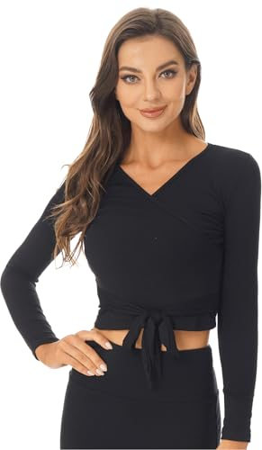 Kaerm Damen Ballett Wickeljacke Gymnastik Tanz Ballettjacke Lange Ärmel Tanz Jäckchen V-Ausschnitt Cardigan Tanz Wickeltop Für Frauen Gr. S-XXL Schwarz S