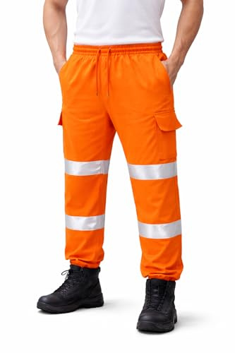 NFK Men’s Hi Vis Work Joggers – Reflective Fleece-Lined Safety Trousers with Reinforced Knees, Multi-Pocket Cargo Pants for Construction & Site Work (XL, Orange)