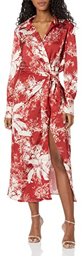 Guess Robe midi pour Femme à imprimé Floral Rouge | Taille : XL | Coupe Droite Robe Portefeuille à Manches Longues avec nœud