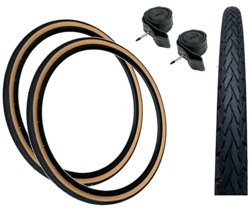 Baldys 700 x 35c Hybrid/Trekking Bike Slick Tyres BLACK/TAN & Presta Valve Inner Tubes (Pack of 2)