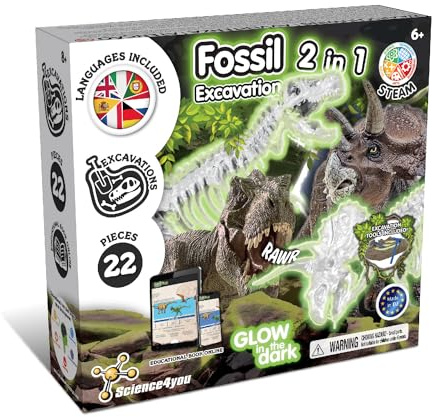 Science4you - Kit de Fouille de Fossiles 2 en 1 - Excaver et Assembler 2 Dinosaures Qui Brille dans l'Obscurité, 22 pièces: T-Rex et Triceratops - Jouet pour Enfants +6 Ans