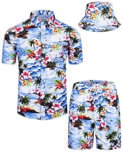 TUNEVUSE Set di Camicie e Pantaloncini Hawaiani da Uomo 2 Pezzi con Stampa Floreale, Outfit da Spiaggia Estivo Tropicale con Cappelli a Secchiello, 5XL