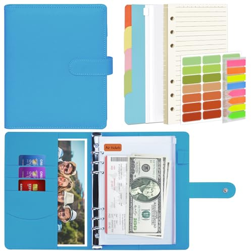 Mlife A5 Notebook Binder Set - 6 Ring PU Leather Planner,5 PCS File Divider,45 Sheets A5 Loose Leaf Paper,Label Stickers,Index Tabs and Clear Cash Envelopes,Personal Organizer Binder(Dark Blue)
