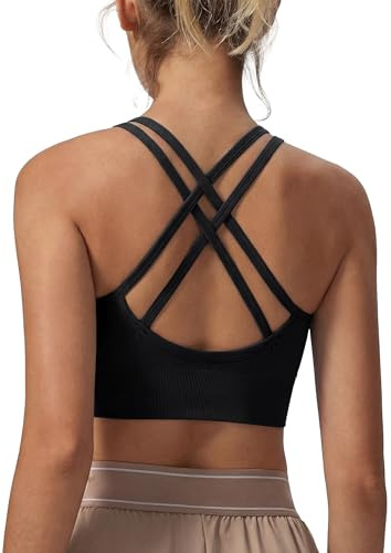 Leversic Sujetador Deportivo Mujer de Yoga Acolchado de Impacto Medio Top Corto con Espalda Cruzada y Tiras para Fitness, Gimnasio (Negro, XL)