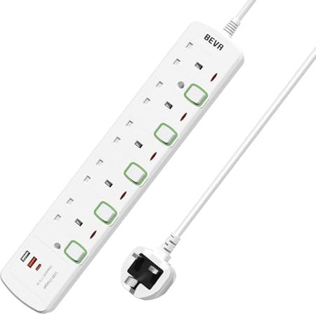 Extension Lead with USB Slots, BEVA 5 Way Multi Plug Extension With 2 USB A and 1 USB C, Individual Switched Extension Socket Mountable Power Strip with 1.5M Extension Cable 13A 3250W…