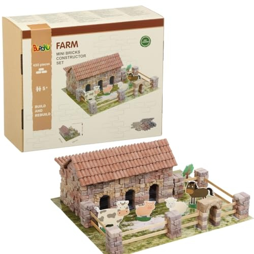 Buroku - Kit de Construcción de Granja | 430 Piezas | Ladrillos de Piedra y Madera | Fomenta Aprendizaje STEM y Habilidades Motoras | Incluye Animales y Accesorios | Incluye Pegamento