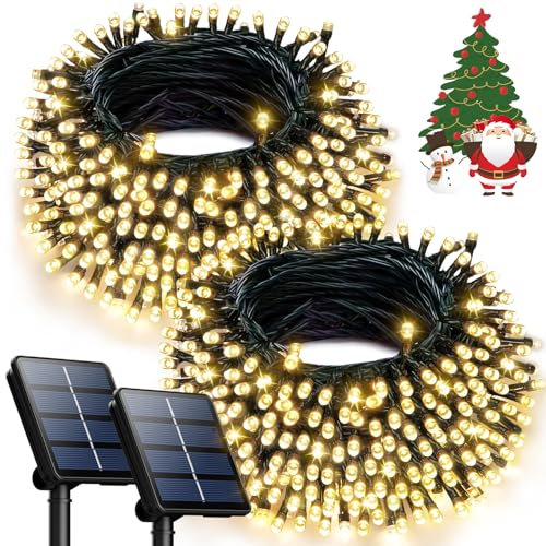 2Pack 240LED Solar String Lights Outdoor | Total 92FT Waterproof Solar Christmas Lights with 8 Modes & Memory, Auto On/Off Solar Powered Lights for Xmas Tree Garden Patio Wedding Decor (Warm White)