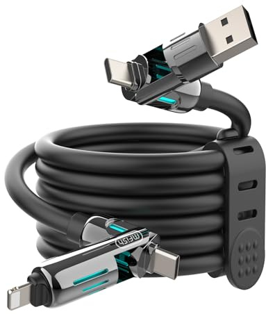 MFish 4-in-1 USB Charging Cable with Carrying Case, 240W Fast Charger Cord, USB-A & Dual USB-C to USB-C/Lightning, for iPhone 17/16/15/14, iPad, MacBook & More (Black, 6.6Ft)