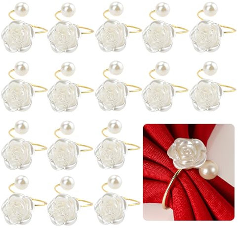 SITAKEGS Perle Serviettenringe, 16PCS Rose Blume Serviette Schnallen Serviette Ringe Halter, Metall Serviette Schnallen für Abendessen Hochzeit Bankett Valentinstag Party Restaurant Küche Tisch decken