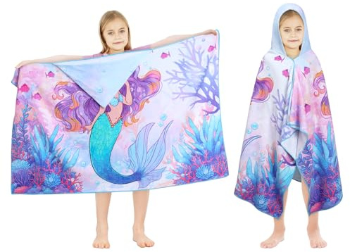 decalsweet Toalla Infantil con Capucha 100% Algodón, Toalla de Playa de Microfibra, Grande Suave Absorbente Toalla de Baño Poncho Toalla Piscina Infantil Niño y Niña 127 x 76 cm(Sirena)