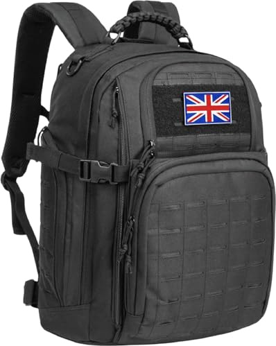 TRAILKICKER 40L Tactical Laptop Backpack Military Army Assault Pack 3 Day Bug Out Bag Hiking Treeking Camouflage Hunting Backpack for Men w/United Kingdom Flag Patch
