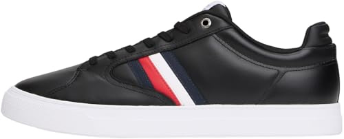Tommy Hilfiger Men's Icon Court Stripes Leather Cupsole Trainers, Black (Black), 8